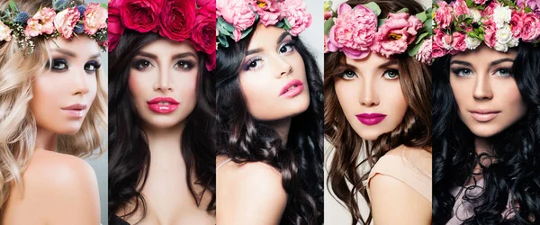 Mulheres Bonitas Cara Set Flores Coloridas Maquiagem Cabelos Longos Encaracolados — Fotografia de Stock