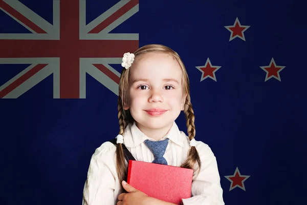 New Zealand Concept Child Girl Student Book New Zealand Flag — Stock Photo, Image