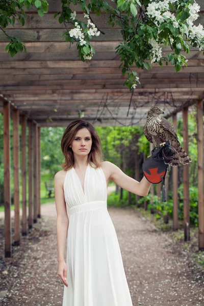 Kobieta elegancka brunetka Panna Młoda w białej sukni, trzymając ptak jastrząb — Zdjęcie stockowe