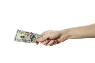 Man hand giving 100 dollar bills isolated on white background.  clipart