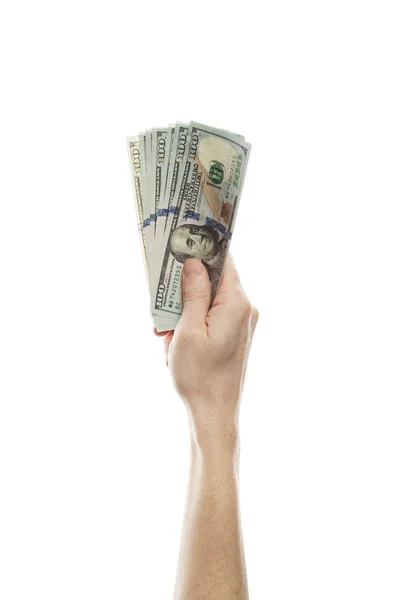 Dollari USA denaro contante e mano maschile isolato su sfondo bianco — Foto Stock