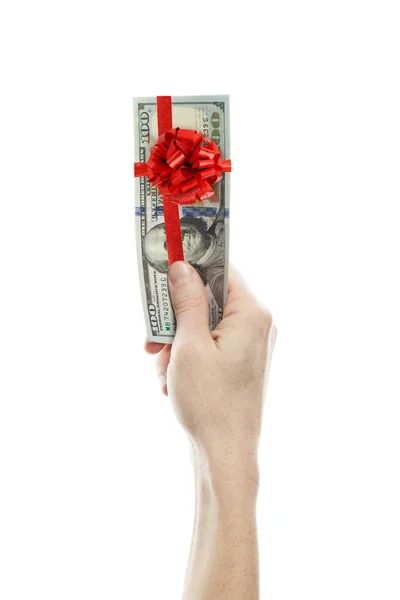 Profitto regalo di dollari USA. Denaro in contanti con nastro rosso e fiocco — Foto Stock