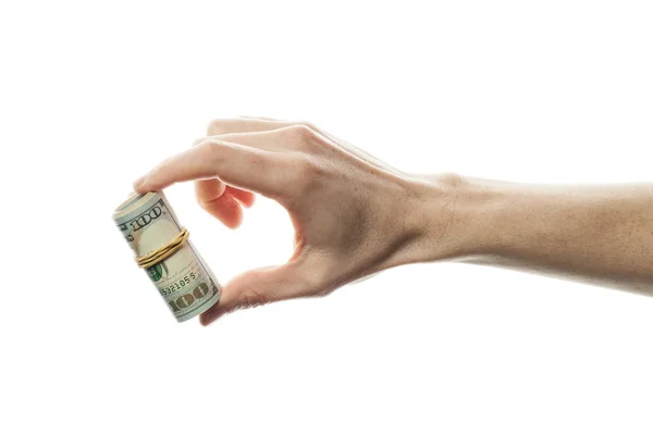 Χέρι με δολάρια μετρητά χρήματα που απομονώνονται σε λευκό φόντο. — Φωτογραφία Αρχείου