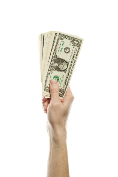 Один американский доллар наличными деньгами в мужской руке изолированы . — стоковое фото