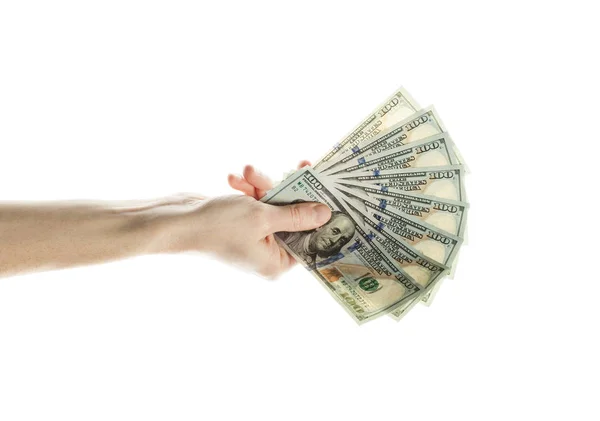 100 dolarów bill pieniądze w ręce mężczyzna na białym tle — Zdjęcie stockowe