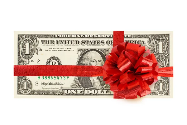 1 dollaro di denaro contante con nastro rosso isolato su sfondo bianco — Foto Stock