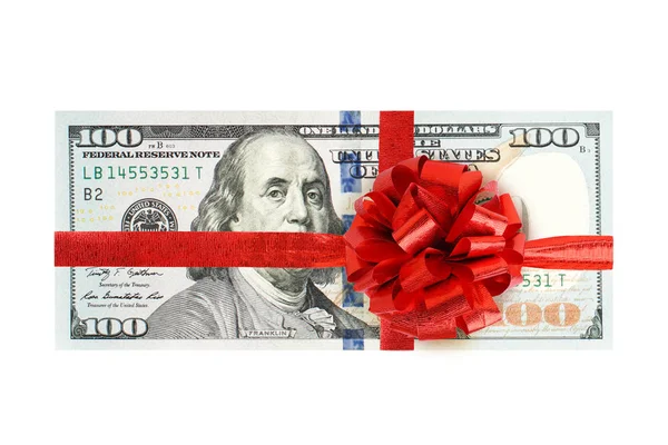 Cento dollari con nastro rosso isolato su sfondo bianco . — Foto Stock