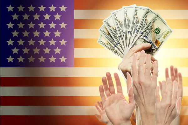 People raising hands with dollars and American flag on background