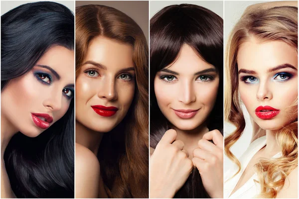 Haarpflege und Färbung. vier Frauen mit brünetten, blonden, braunen und Ingwerhaaren — Stockfoto