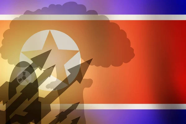 flag north korea with atomic missiles in the background