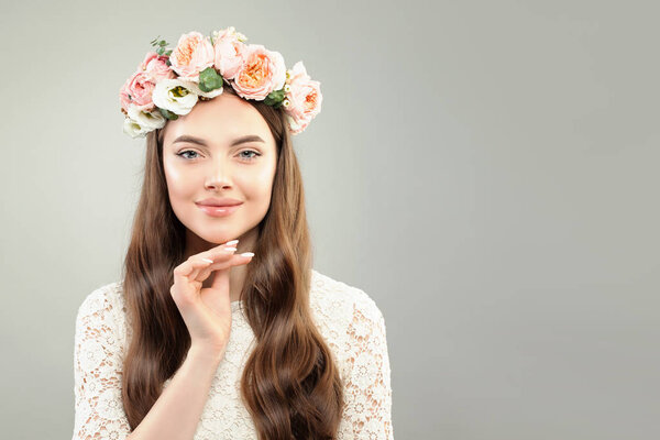 Healthy Model Woman with Clear Skin, Curly Hair, Makeup 