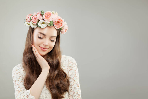 Beautiful Spring Model Woman with Curly Hair, Healthy Skin