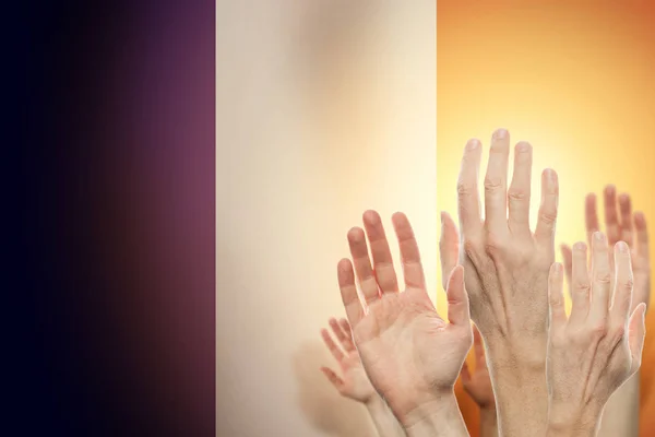 People raising hands and flag France on background. — Stock Photo, Image