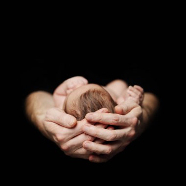 Parenthood concept. Newborn baby on father's hand on black backg clipart