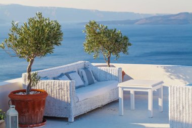 Zeytin ağacı ve deniz manzaralı teras salonu. Tatil