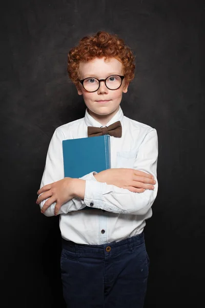 Милый маленький мальчик с книжкой. Рыжий пацан на доске — стоковое фото