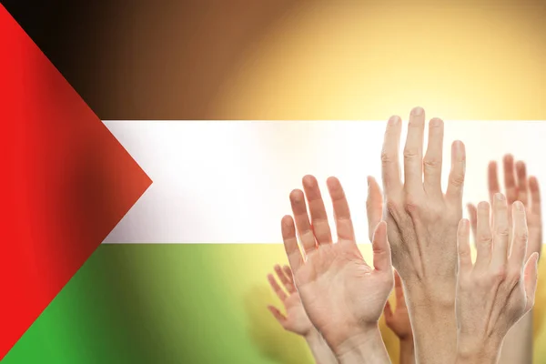 People raising hands and flag palestina on background.