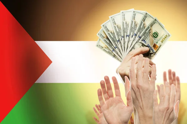 People raising hands with dollars and flag palestina on background