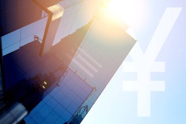 Güneş ile mavi gökyüzü bir arka plan üzerinde işareti CNY ile modern ofis binası