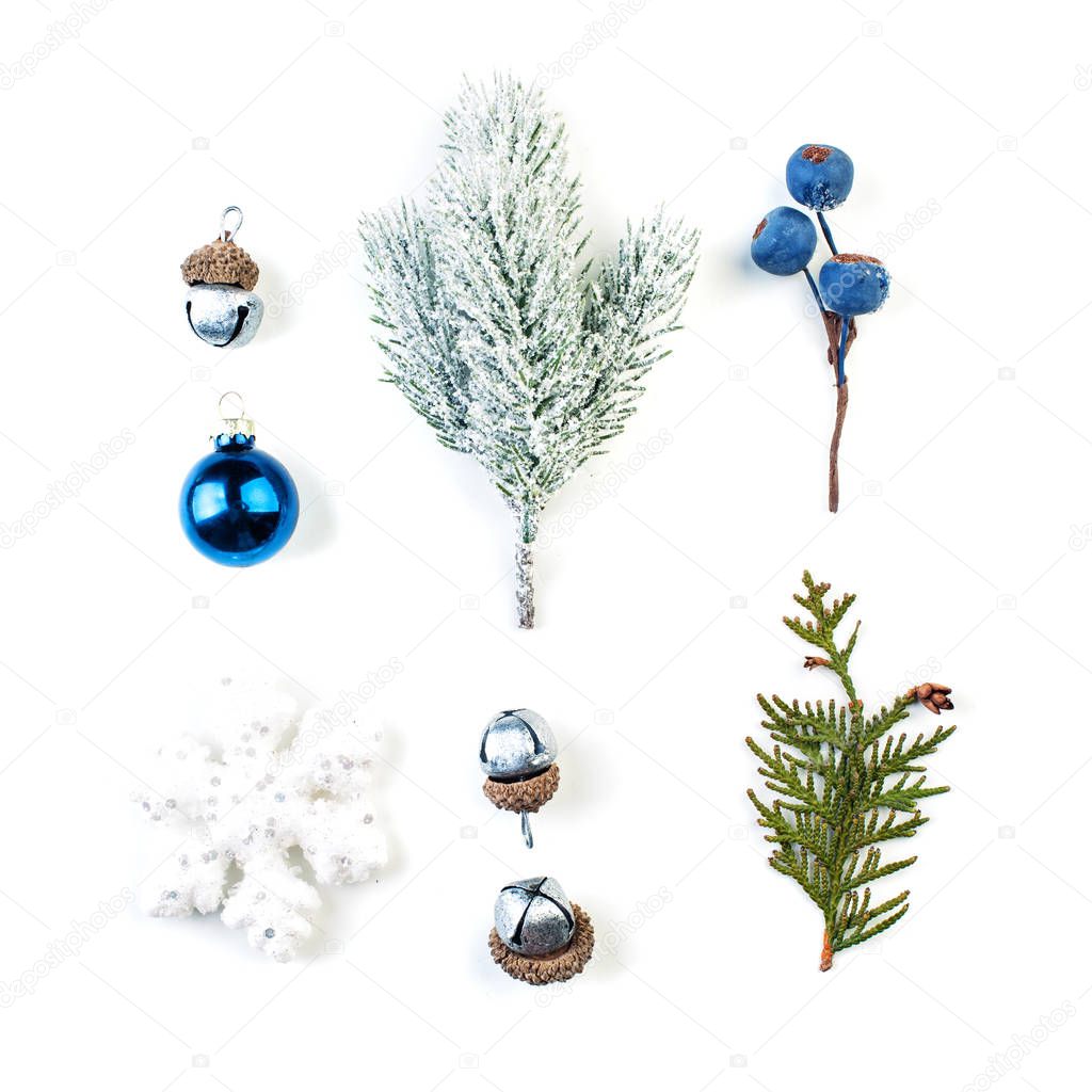 Blue Christmas decor isolated on white. Composition made blue berries