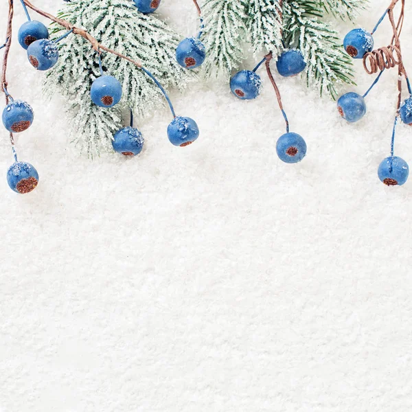 青いベリーと緑のモミの枝とクリスマスの背景カード — ストック写真