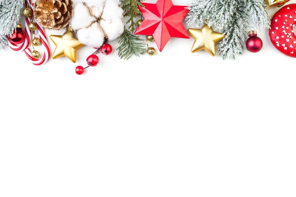 Kerst grens of banner met sterren, FIR tak, Holly bessen — Stockfoto