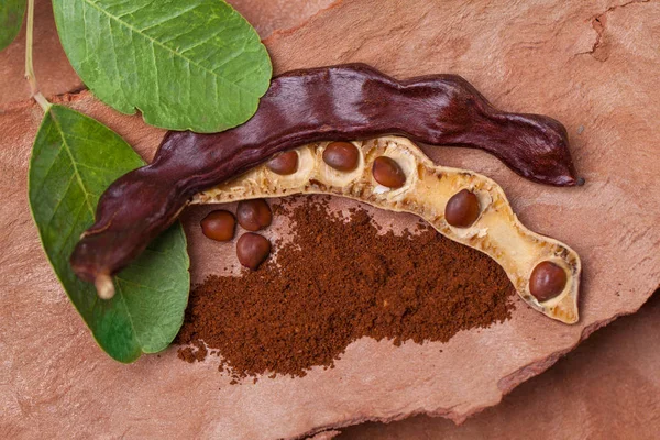 Carob. Organic carob pods with seeds and leaves on tree bark table — Stock Photo, Image