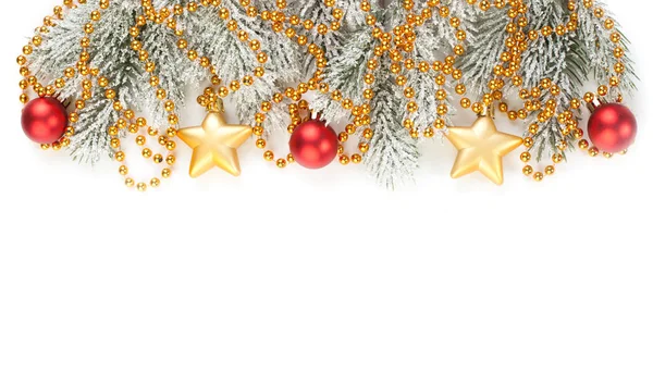 Frontiera di Natale. Albero di Natale rami invernali con bagattelle d'oro , — Foto Stock