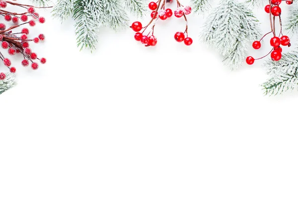 Borde de Navidad de bayas de acebo rojo y rama de abeto verde nieve — Foto de Stock