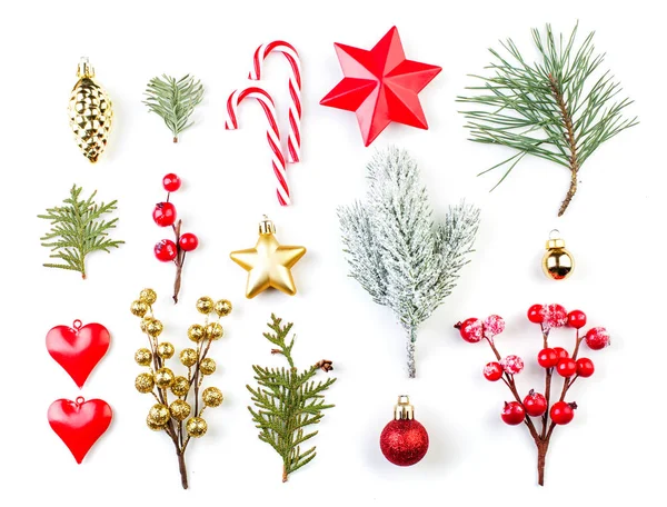 Christmas. Xmas composition with green fir twig, red holly berries — Stock Photo, Image