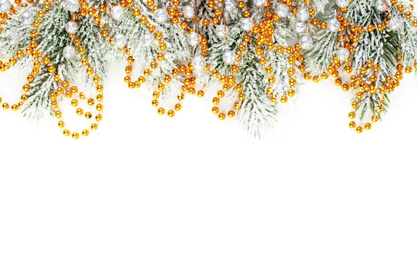 Xmas composition border. Winter fir branches and gold garland — 스톡 사진