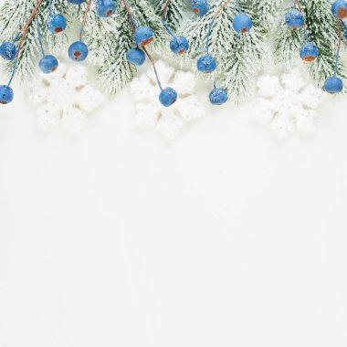 Noel kartı kompozisyonu. Mavi donmuş böğürtlenli Xmas sınırı