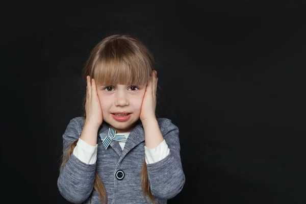 Sad Child Girl Covers Her Ears Her Hands Hear Anything — Stock Photo, Image