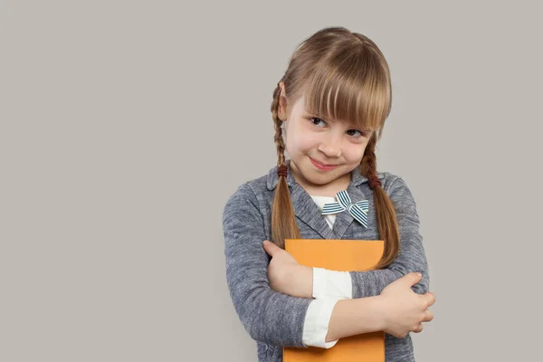 Adorable Child Girl Holding Book White Background Back School Elementary — Stock Photo, Image