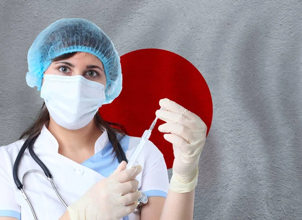 Mujer Científica Con Coronavirus Probeta Covid Contra Bandera Japón Investigación —  Fotos de Stock