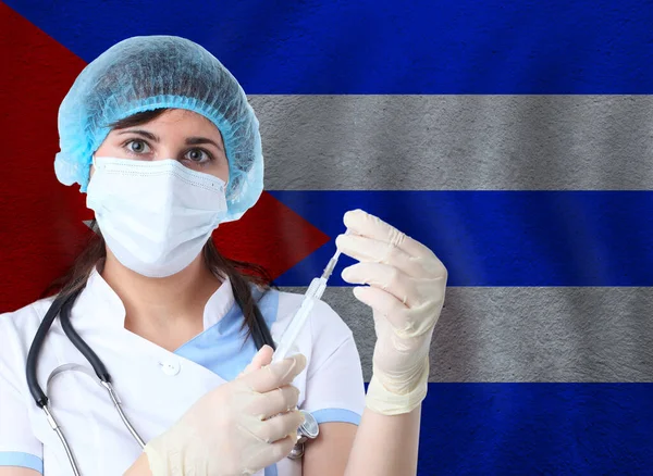 Mujer Científica Con Sonda Coronavirus Covid Contra Bandera Cubana Investigación —  Fotos de Stock