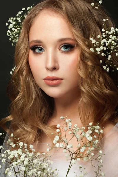 Portrait Young Pretty Woman Blonde Curly Hair White Flowers Head — Stock Photo, Image