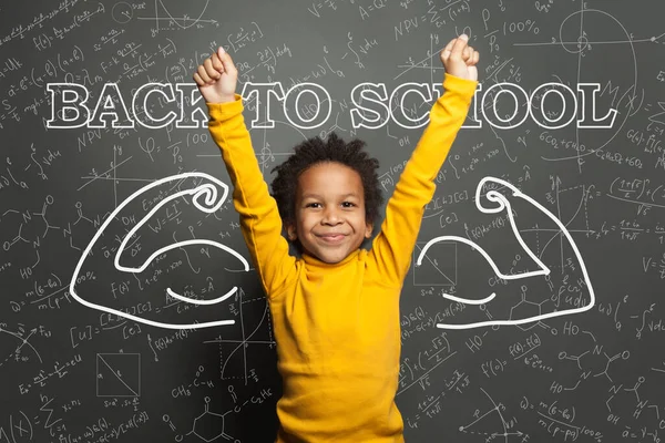 Successful African American Child Hands Classroom Chalkboard Background Back School — Stock Photo, Image