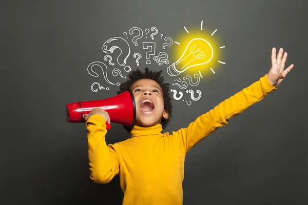 Smart Little Boy Screaming Black Background Light Bulb Brainstorming Idea — Stock Photo, Image