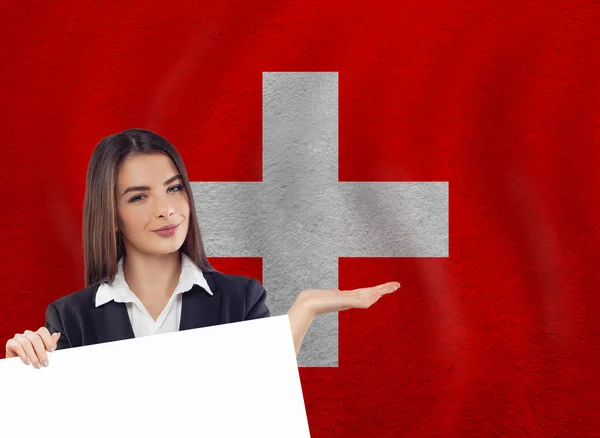 Young Woman White Banner National Flag — Stock Photo, Image