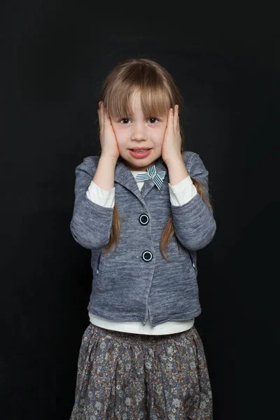 Sad Unhappy Child Black Background Portrait — Stock Photo, Image