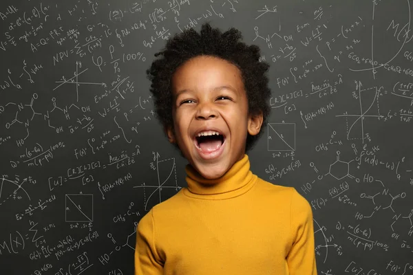 Happy Child Boy Chalkboard Background Science Formulas — Stock Photo, Image