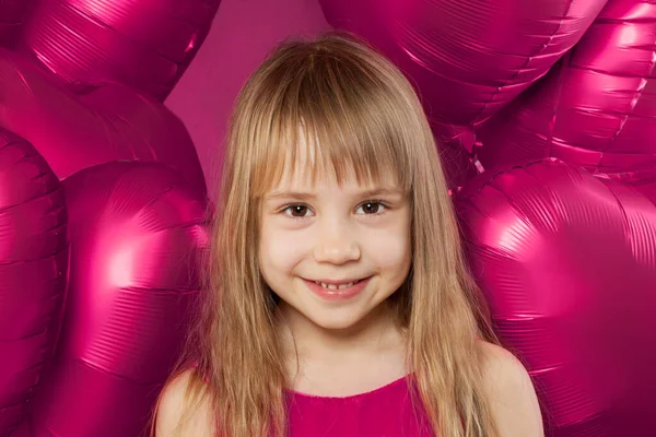 Adorable Little Girl Face Cute Child Smiling Bright Pink Background — Stock Photo, Image