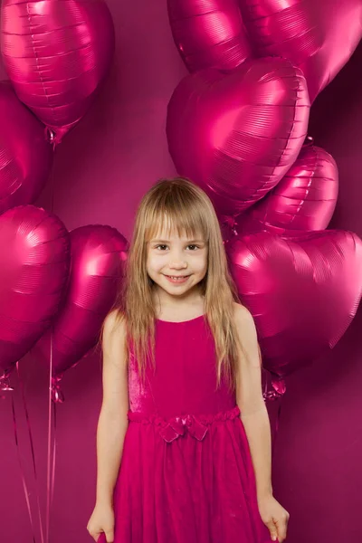 Adorable Girl Pink Balloons Vibant Pink Background — Stock Photo, Image