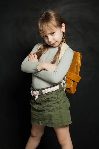 Little Child Girl School Bag Blackboard Background — Stock Photo, Image