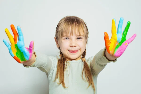 Smiling Little Girl Colorful Painted Hands Kid Art School Student — Stock Photo, Image