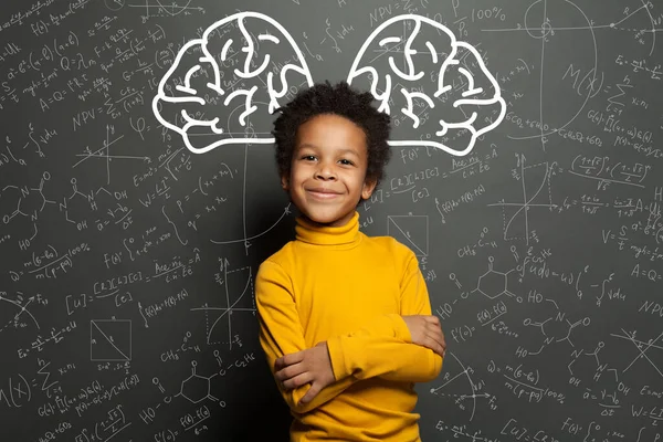 ブレインストーミングの概念に関する大きな脳と科学式で黒の子供を笑顔 — ストック写真