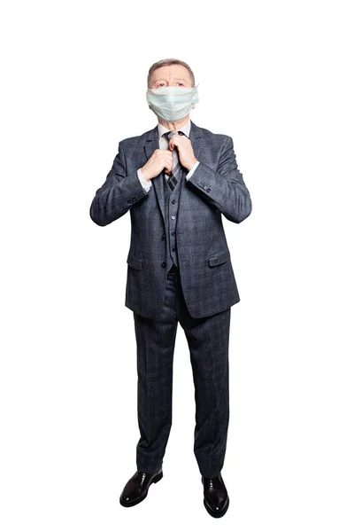 Senior Man Affärsman Medicinsk Skyddande Ansiktsmask Isolerad Vit Bakgrund — Stockfoto