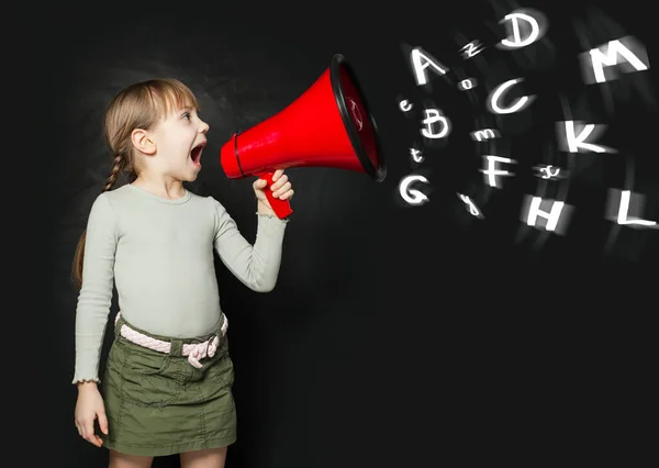 Little School Girl Screaming Megaphone Education Concept — Stock Photo, Image