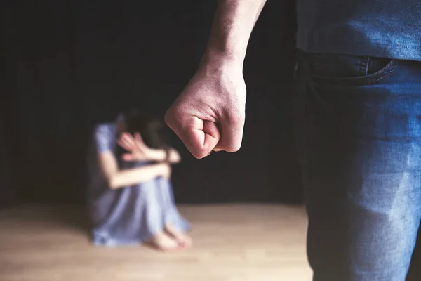 Scared Woman Protecting Mans Aggression Domestic Violence Concept — Stock Photo, Image